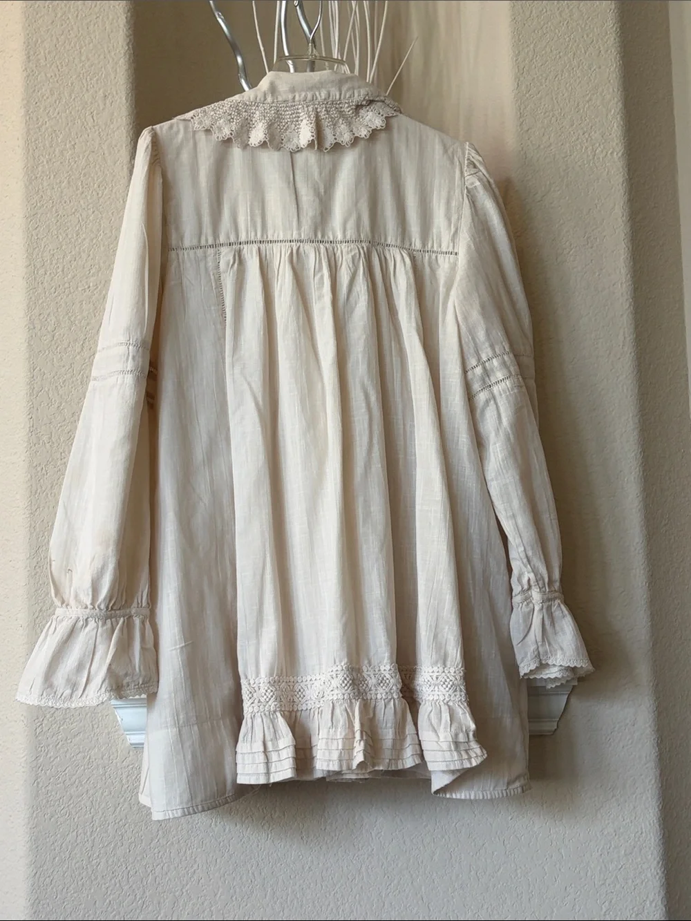 Free People Ivory Long-Sleeve Tie-Neck Mini Dress Size XL